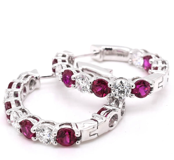graziella 14KT White Gold 2.19CTW LAB Created Ruby & Diamond Oval Hoop Earrings