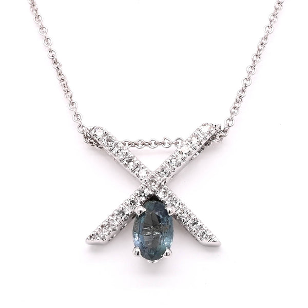 graziella 14KT White Gold 20" 0.45CTW Oval Shape Alexandrite & Diamond "X" Necklace