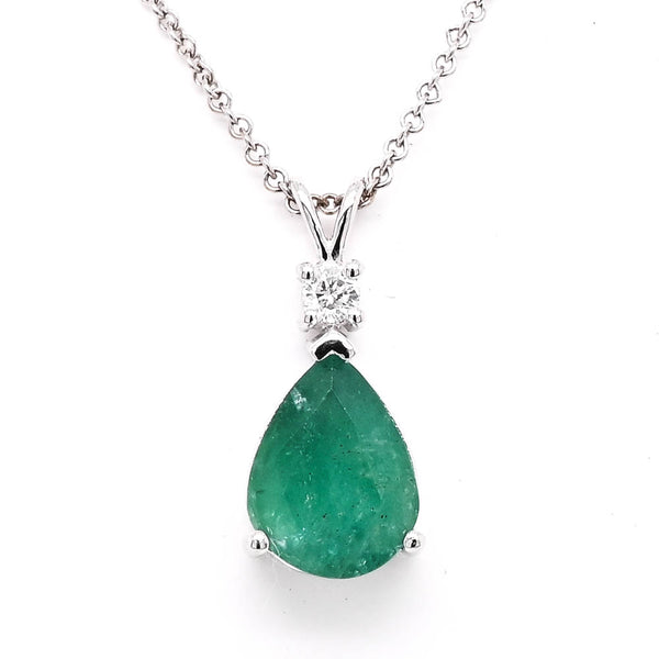 graziella 14KT White Gold 20" 1.50CT Pear Shape Emerald and Diamond Necklace