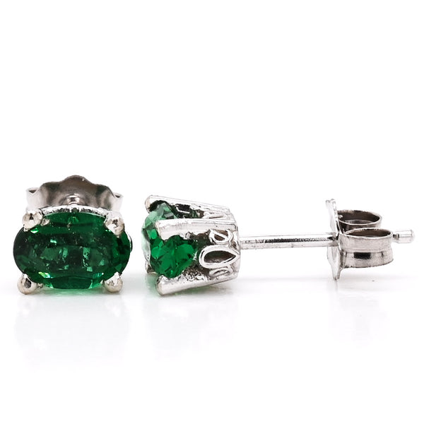graziella 14KT White Gold 6x4mm Oval Shape Green Simulated Emerald Earrings