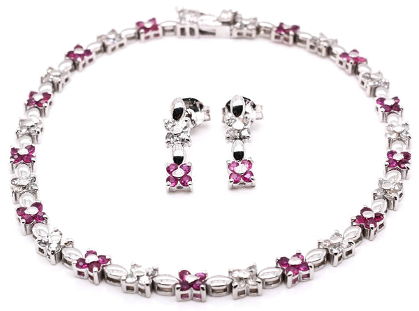 graziella 14KT White Gold 7" 1.40CTW Ruby & Diamond Floral Design Bracelet and Stud Earring Set