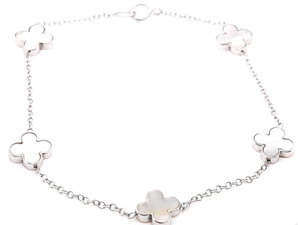 graziella 14KT White Gold 7.75" 5 Stone Mother of Pearl Clover Bracelet