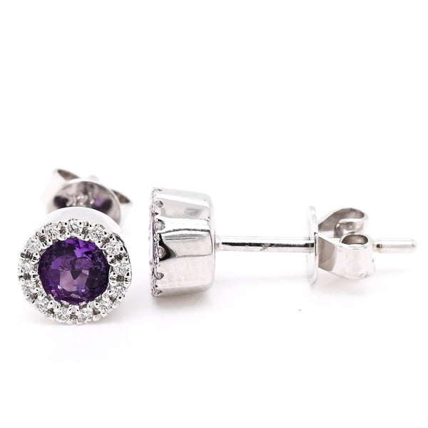 graziella 14KT White Gold Amethyst & Diamond Halo Set Stud Earrings