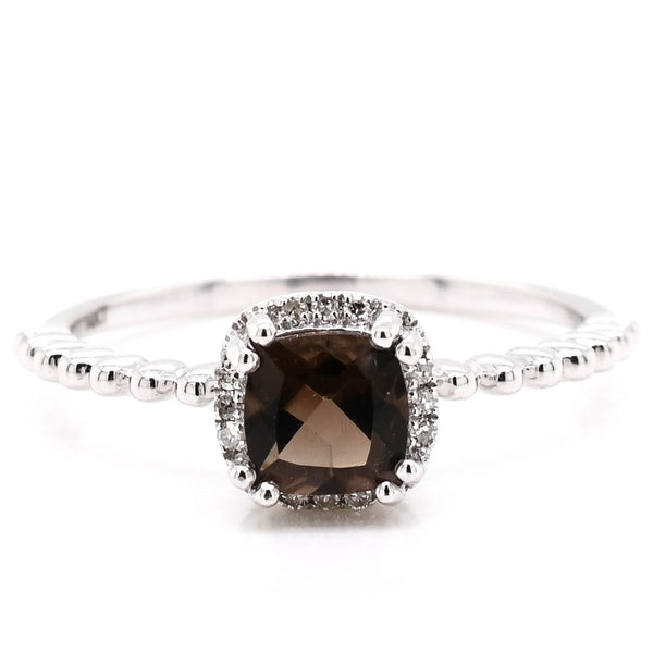 graziella 14KT White Gold Cushion Cut Smokey Quartz & Diamond Halo Set Ring
