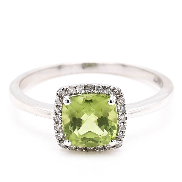 graziella 14KT White Gold Cushion shape Peridot & Diamond Halo Set Ring