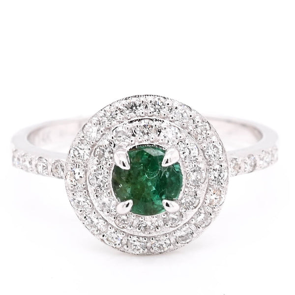 graziella 14KT White Gold Emerald & Diamond double Halo Set Ring. Diamonds: 0