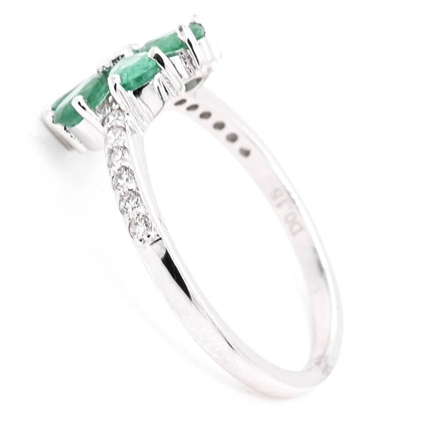 Graziella 14KT White Gold Emerld & Diamond Flower Ring