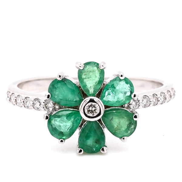 graziella 14KT White Gold Emerld & Diamond Flower Ring