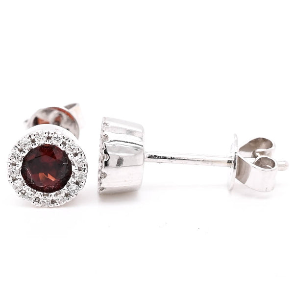 graziella 14KT White Gold Garnet & Diamond Halo Set Stud Earrings