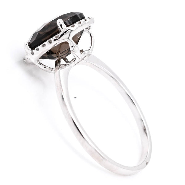 Graziella 14KT White Gold Oval Shape Smokey Quartz & Diamond Halo Set Ring