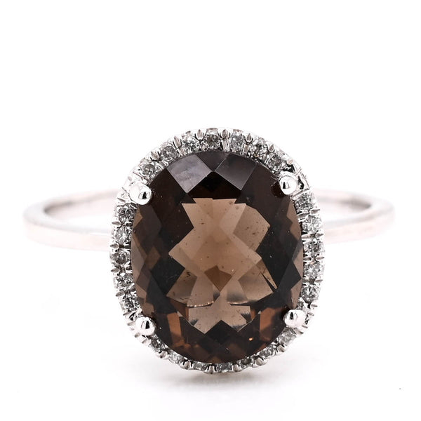 graziella 14KT White Gold Oval Shape Smokey Quartz & Diamond Halo Set Ring