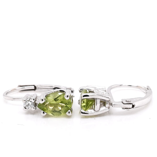 graziella 14KT White Gold Pear Shape Peridot and Diamond Leverback Earrings
