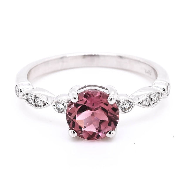 graziella 14KT White Gold Round Brilliant Pink Tourmaline & Diamond Ring. Ban