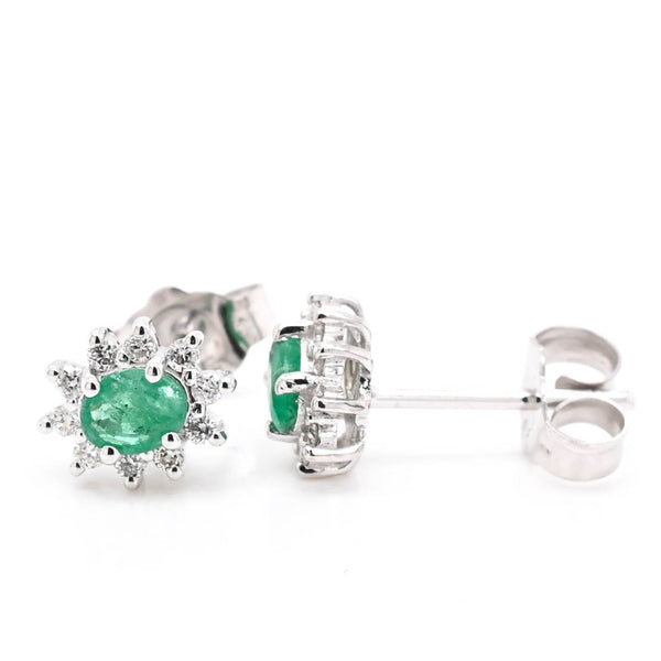 graziella 14KT White Oval Shape Green Emerald & Diamond Stud Earrings