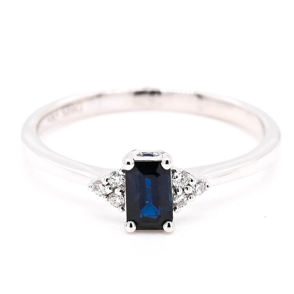 graziella 14KT Whited Gold 0.37CT Emerald Shape Blue Sapphire and Diamond Ring