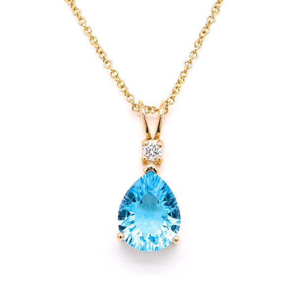 graziella 14KT Yellow 18" Gold 1.50ct Pear Shape Blue Topaz & Diamond Necklace