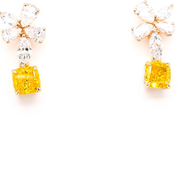 graziella 14KT Yellow 4.50CTW Cushion Cut Lab Grown Yellow Diamond Halo Set Drop Earrings