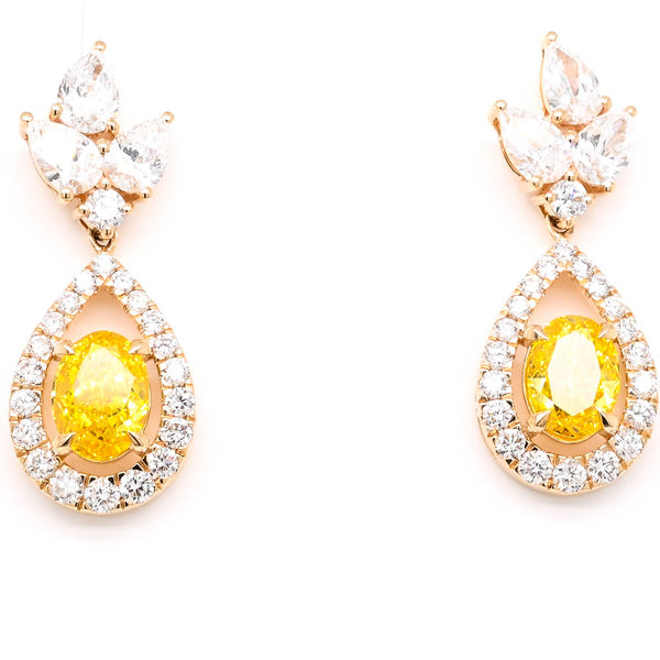 graziella 14KT Yellow 6.50CTW Oval Lab Grown Yellow Diamond Halo Set Drop Earrings