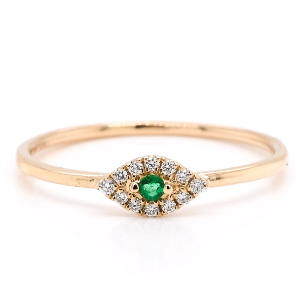 graziella 14KT Yellow Gold 0.03CT Round Green Emerald & Diamond Evileye Ring