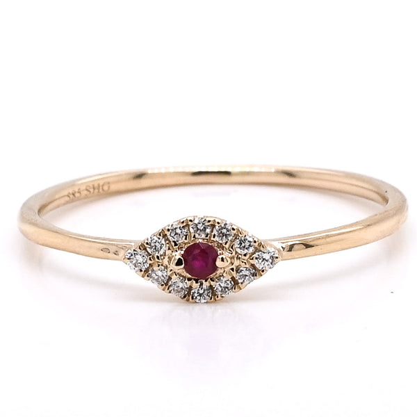 graziella 14KT Yellow Gold 0.03CT Round Ruby & Diamond Evileye Ring