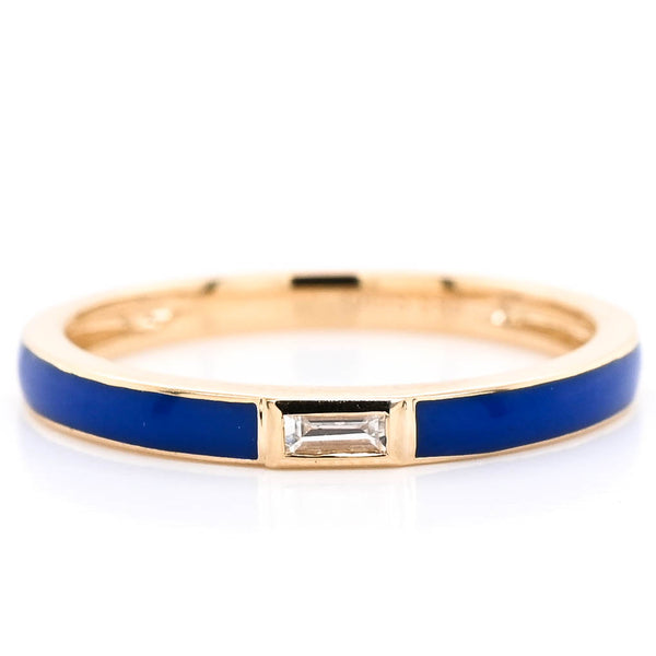 Graziella 14KT Yellow Gold 0.05CT Baguette Diamond And Blue Enamel Ring