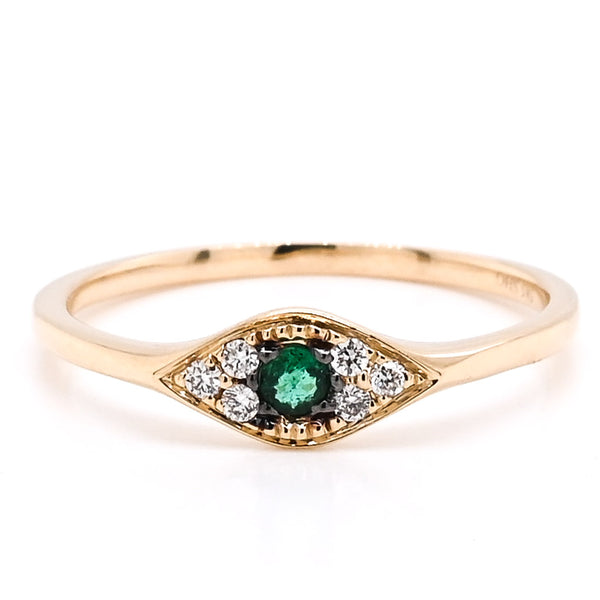 graziella 14KT Yellow Gold 0.05CT Round Emerald & Diamond Evileye Ring