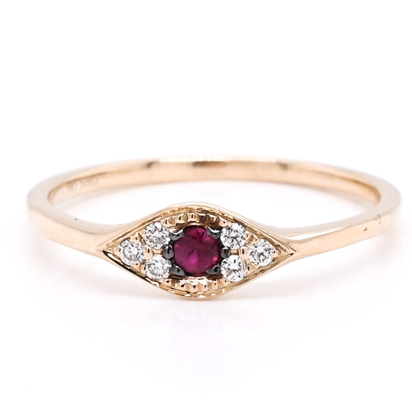 graziella 14KT Yellow Gold 0.05CT Round Ruby & Diamond Evileye Ring