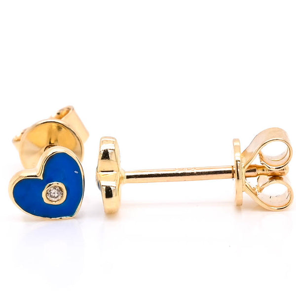 graziella 14KT Yellow Gold 0.05CTW Heart Stud Style Backing Diamond & Blue Enamel Earrings