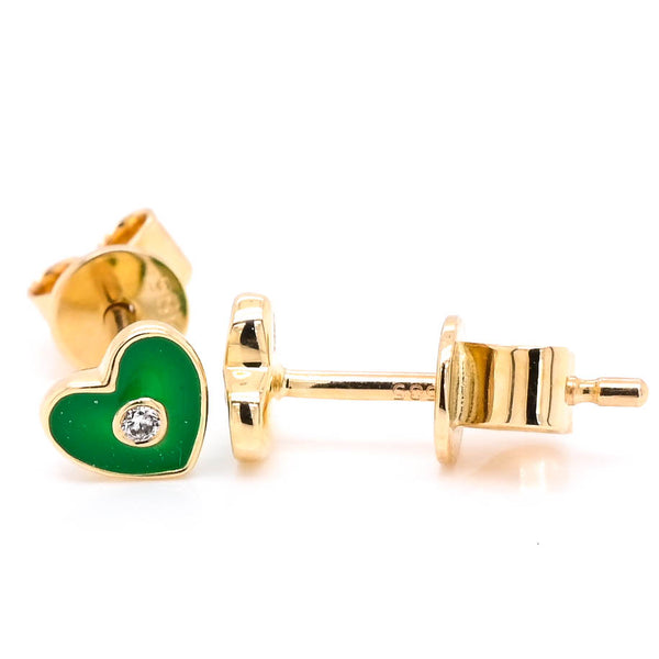 graziella 14KT Yellow Gold 0.05CTW Heart Stud Style Backing Diamond & Green Enamel Earrings