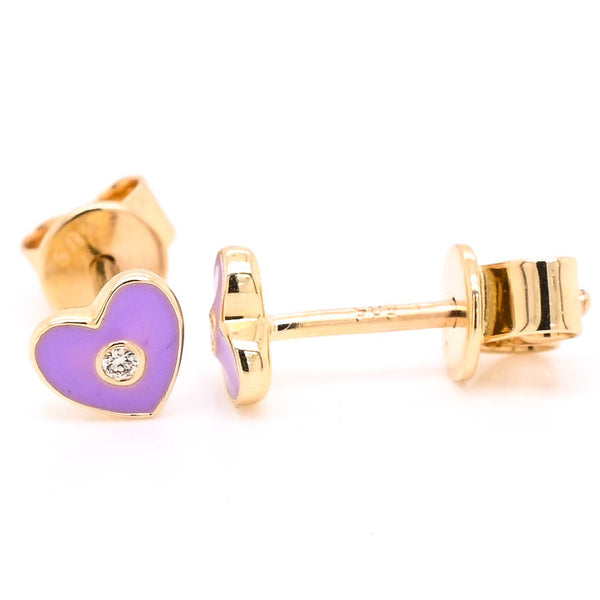 graziella 14KT Yellow Gold 0.05CTW Heart Stud Style Backing Diamond & Purple Enamel Earrings