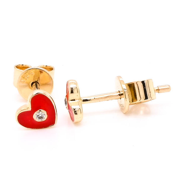 graziella 14KT Yellow Gold 0.05CTW Heart Stud Style Backing Diamond & Red Enamel Earrings