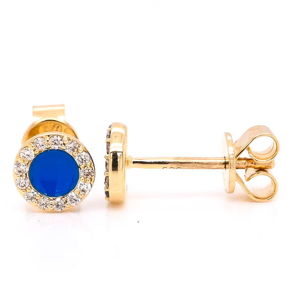 graziella 14KT Yellow Gold 0.12CTW Stud Style Backing Diamond & Blue Enamel Earrings