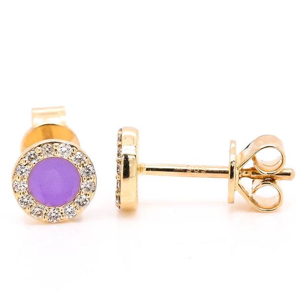 graziella 14KT Yellow Gold 0.12CTW Stud Style Backing Diamond & Purple Enamel Earrings