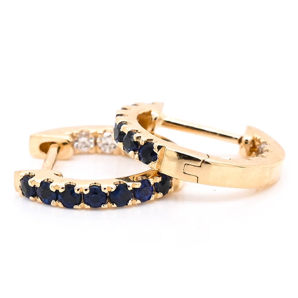 graziella 14KT Yellow Gold 0.29CTW Blue Sapphire& Diamond Huggies Earrings