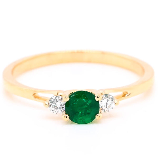 graziella 14KT Yellow Gold 0.30CT Round Shape Emerald and Diamond Ring