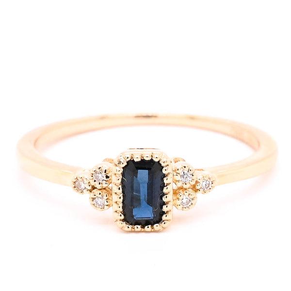 graziella 14KT Yellow Gold 0.33CT Emerald Shape Blue Sapphire and Diamond Ring