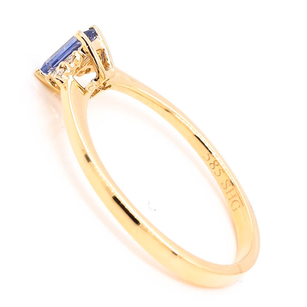 Graziella 14KT Yellow Gold 0.37CT Emerald Shape Blue Sapphire And Diamond Ring