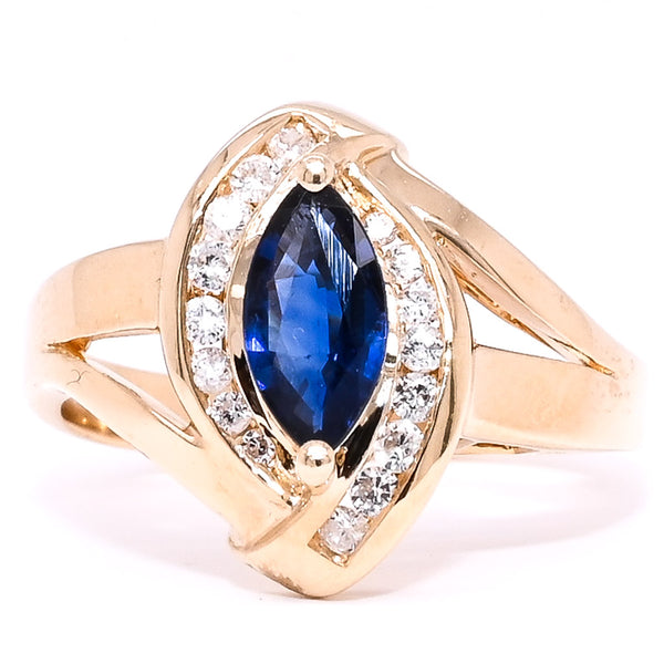 graziella 14KT Yellow Gold 0.43CT Marquise Shaped Blue Sapphire and Diamond Ring