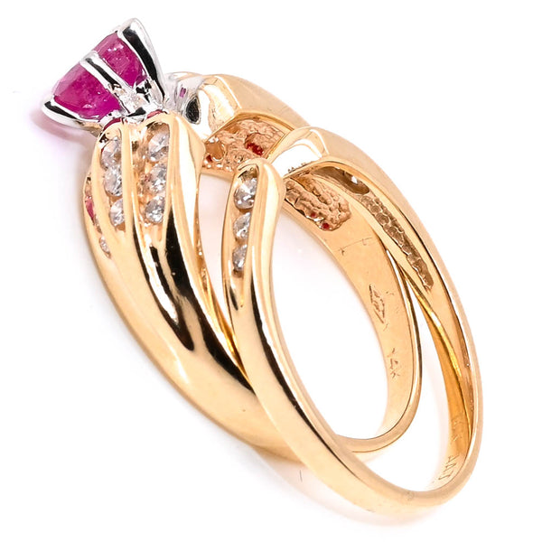 Graziella 14KT Yellow Gold 0.78CT Pear Shape Ruby And Diamond Ring With Matching Diamond Band