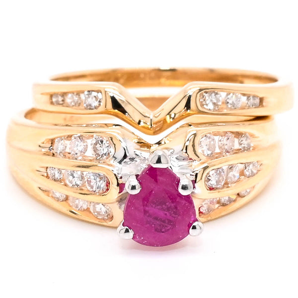 graziella 14KT Yellow Gold 0.78CT Pear Shape Ruby and Diamond Ring with matching Diamond Band