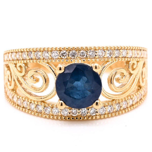 graziella 14KT Yellow Gold 0.80CT Round Brilliant Blue Sapphire & Diamond Ring