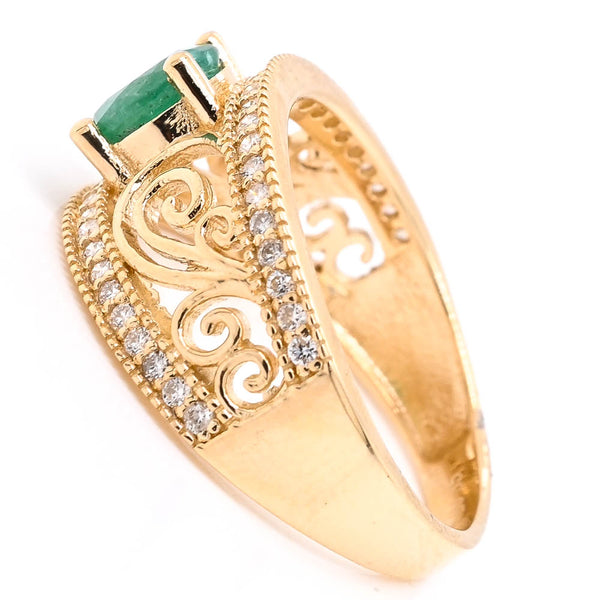 Graziella 14KT Yellow Gold 0.80CT Round Brilliant Emerald & Diamond Ring