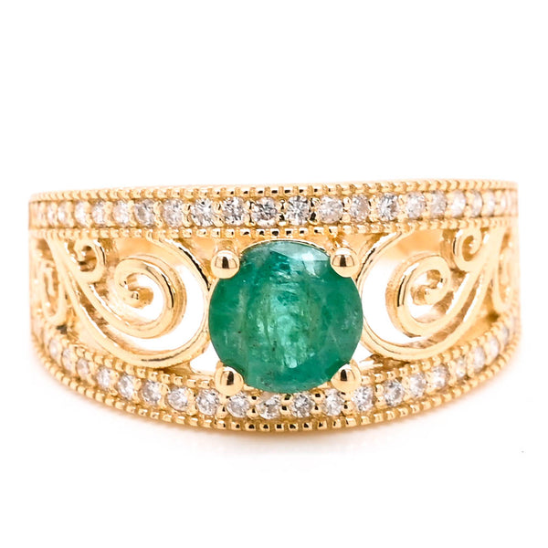 graziella 14KT Yellow Gold 0.80CT Round Brilliant Emerald & Diamond Ring