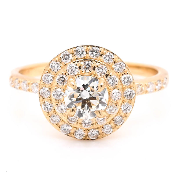 graziella 14KT Yellow Gold 0.81CTW Round Brillinat Diamond Double Halo Set Engagement Ring