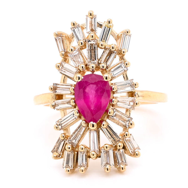 graziella 14KT Yellow Gold 0.84CT Pear shape Ruby & Diamond Cluster Ring. Di