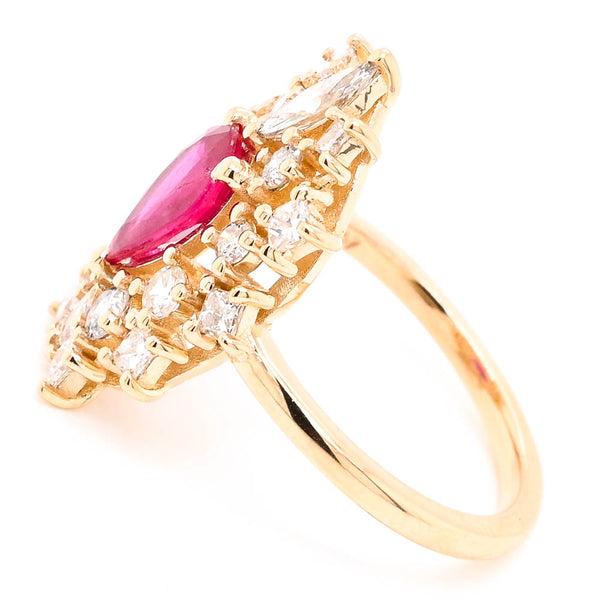 Graziella 14KT Yellow Gold 1.03CT Pear Shape Ruby & Diamond Cluster Ring