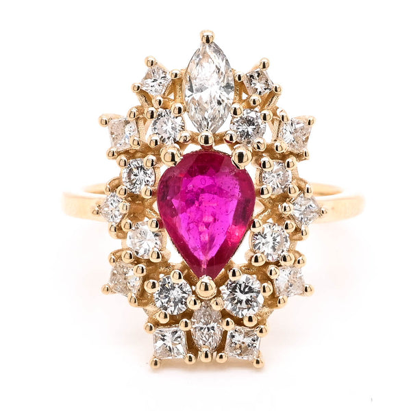 graziella 14KT Yellow Gold 1.03CT Pear shape Ruby & Diamond Cluster Ring