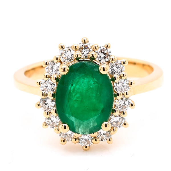 graziella 14KT Yellow Gold 1.50CT Oval Shape Emerald & Diamond Cluster Ring