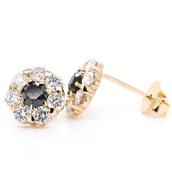 graziella 14KT Yellow Gold 1.55CTW Black & White Diamond Flower Stud Earrings