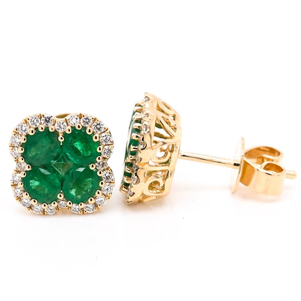 graziella 14KT Yellow Gold 1.57CTW Emerald Diamond Halo Set stud Earrings